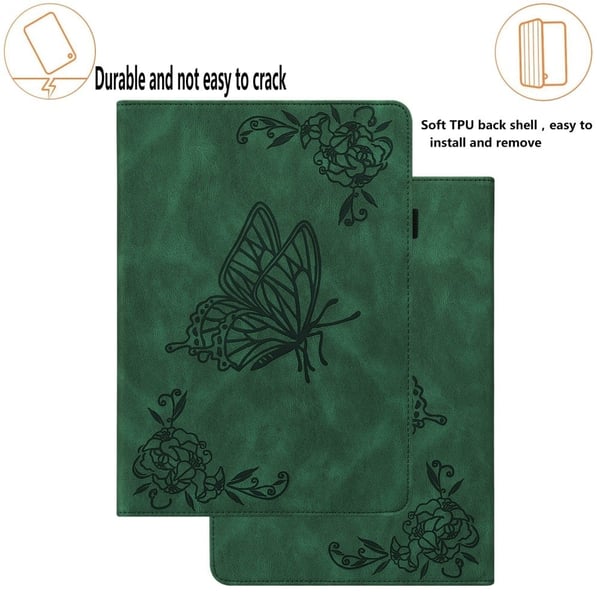 Samsung Galaxy Tab S9 / S9 FE Skinndeksel med sommerfuglblomsttrykk, kortholder - Grønn
