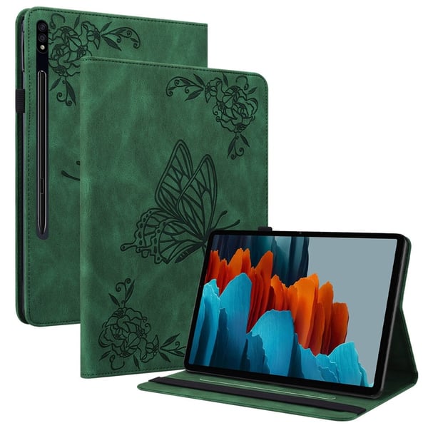 Samsung Galaxy Tab S9 / S9 FE Skinndeksel med sommerfuglblomsttrykk, kortholder - Grønn