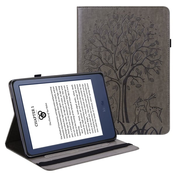 Amazon Kindle Paperwhite 6 (2022) lærveske til nettbrett med trehjort påtrykt stativdeksel - Grå