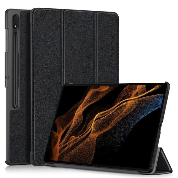 Svart lærveske til Samsung Galaxy Tab S9 Ultra SM-X910 M-X916B SM-X918U med trefoldig stativ