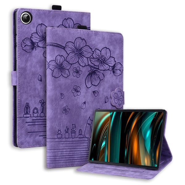 Grønt Samsung Galaxy Tab A9 Plus støtsikkert lærdeksel med blomsterkattavtrykk Grønt Samsung Galaxy Tab A9 Plus støtsikkert lærdeksel med blomsterkattavtrykk