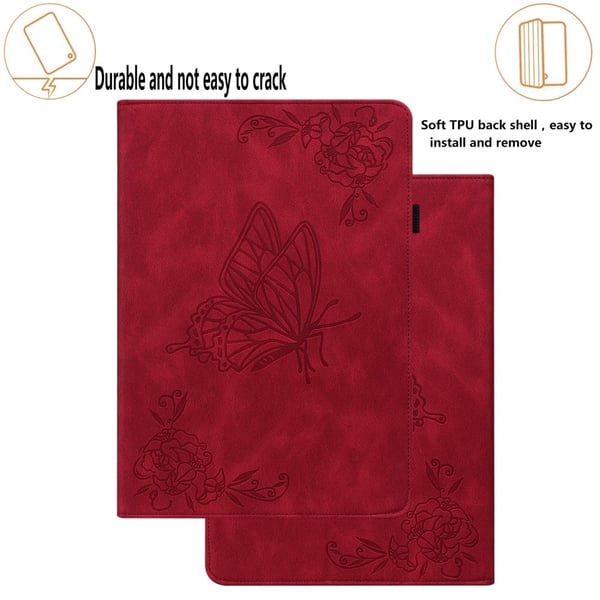 Samsung Galaxy Tab S9 / S9 FE Skinndeksel med sommerfuglblomsttrykk, kortholder - Rød