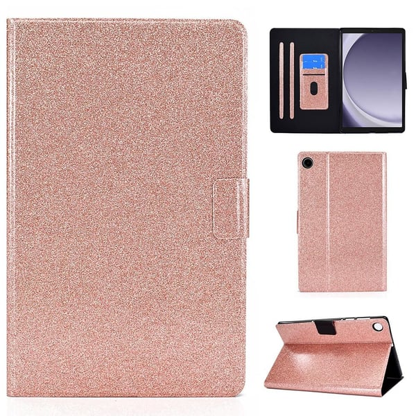 Samsung Galaxy Tab A9 Plus Glitter Leather Case - Beskyttelsesdeksel Med Kortholdere I Rosa Gull