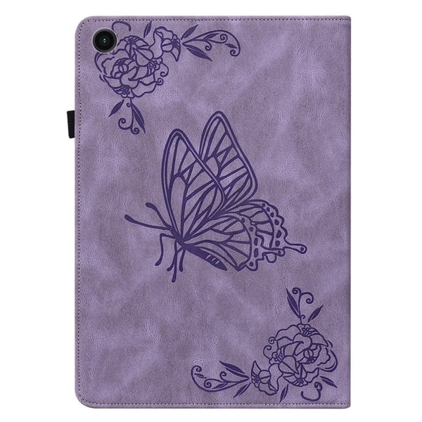Grønt Samsung Galaxy Tab A9 skinnveske med sommerfuglblomsttrykk