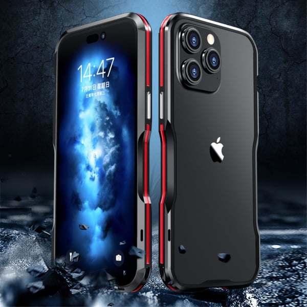 LUPHIE støtfangerveske i metall for iPhone 15 Pro - Svart / Rød