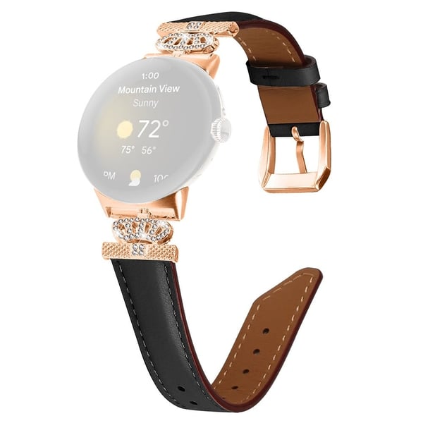 Rose Gold Buckle Watch Band Google Pixel Watch / Pixel Watch 2 Crown Rhinestone Genuine Cowhide Leather Strap - Svart