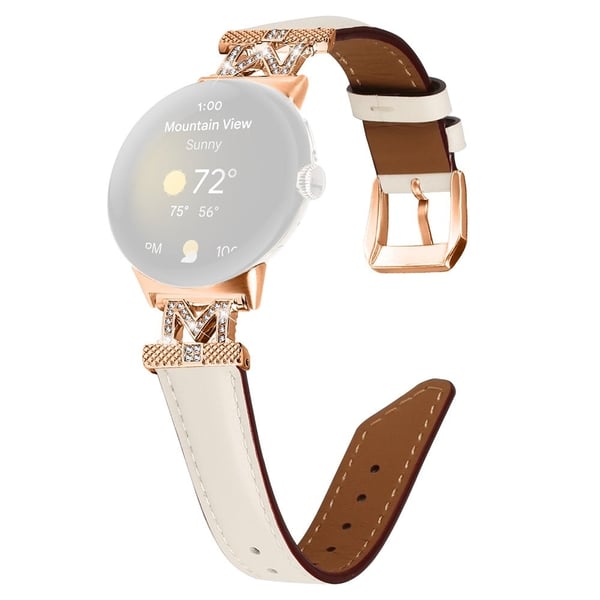 Google Pixel Watch / Pixel Watch 2 Rose Gold Buckle Genuine Cowhide Leather Justerbar klokkerem med M-formet rhinestone dekor - Aprikos