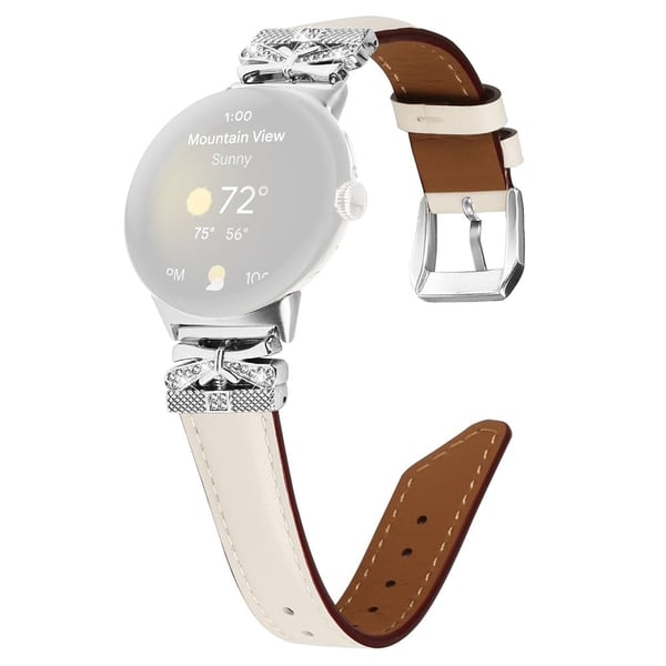 Google Pixel Watch Rhinestone Genuine Cowhide Leather Watch Strap (Silver Buckle) - Beige