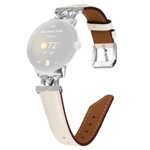 Google Pixel Watch / Pixel Watch 2 sølvfarget klokkerem i ekte okseskinnlær med M-formet rhinestone-dekor - Aprikos