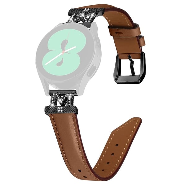 Rhinestone M-shape 20mm Band Samsung Galaxy Watch Universal Genuine Cow Leather Watch Strap with Black Buckle - Brown