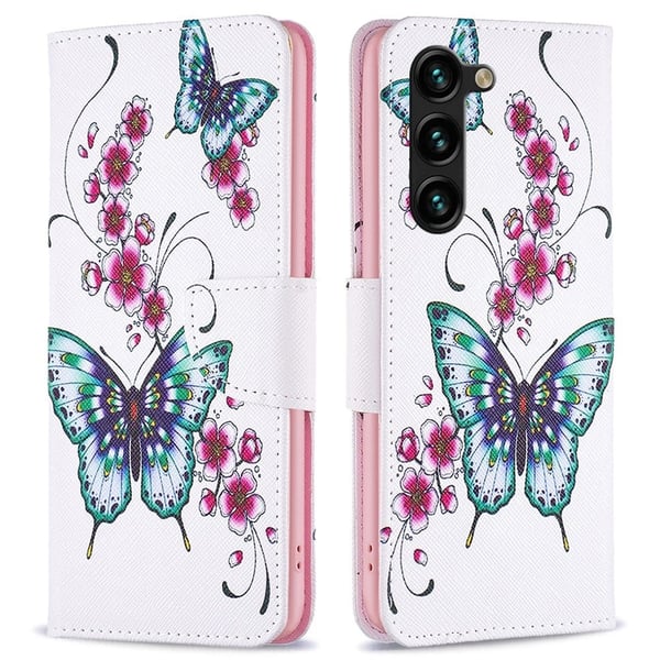 Wonderland Samsung Galaxy S24 Plus flip-etui - Ferskenblomst Og Sommerfugler