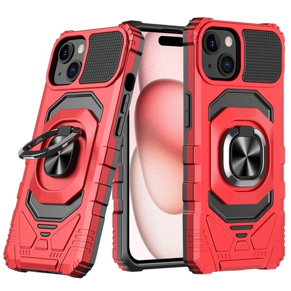Slitesterk hardplastdeksel med myk innside og støtte for iPhone 15 - Rød