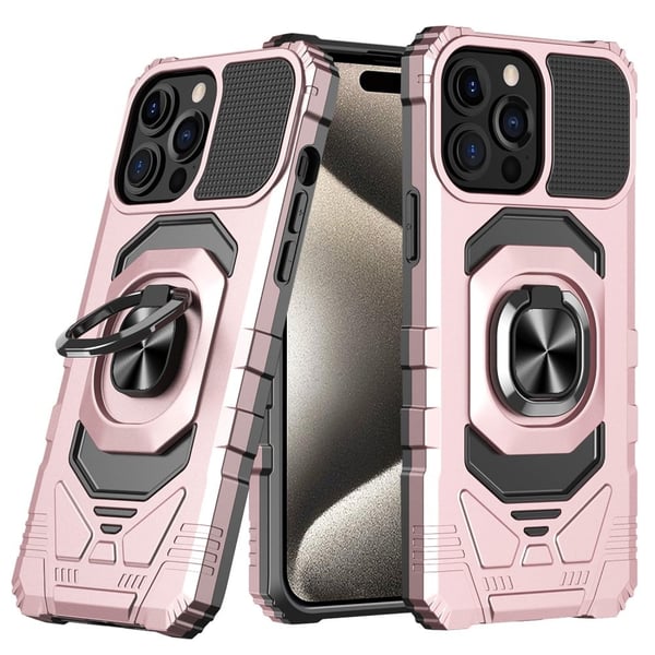 Slidstærkt iPhone 15 Pro Max cover i hård plast med blød inderside og kickstand - Pink
