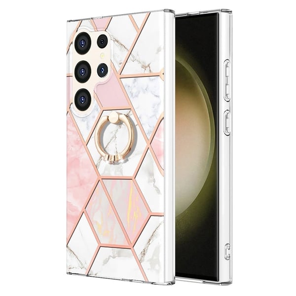 Marmorikuvioinen kotelo rengaspidikkeellä Samsung Galaxy S24 Ultra - Pinkki / Valkoinen