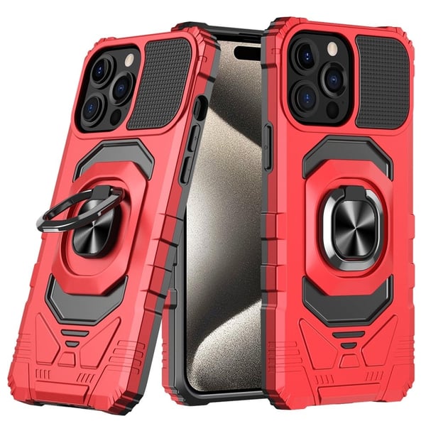 Slitesterk hardplastdeksel med myk innside og støtte for iPhone 15 Pro - Rød