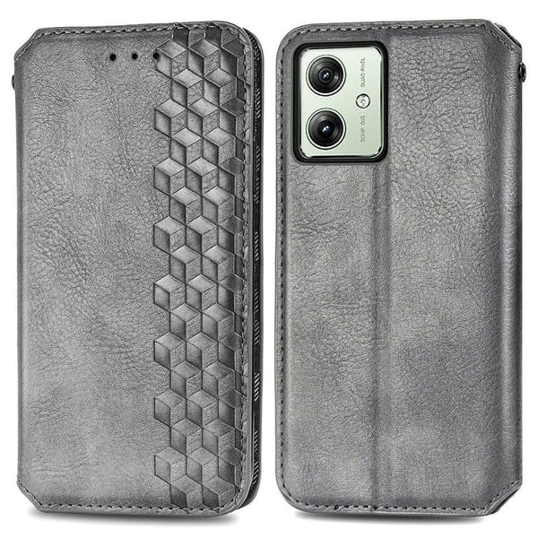 Skinn-etui med stilfult rombeavtrykk for Motorola Moto G54 - Sølv/Grå