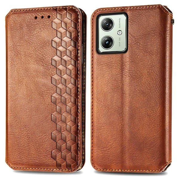 Skinn-etui med stilfult rombeavtrykk for Motorola Moto G54 - Brun