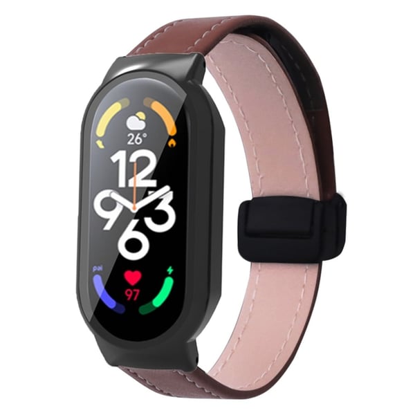 Xiaomi Smart Band 8 / Smart Band 8 NFC læderurrem med magnetisk spænde og urkasse / skærmbeskytter - Kaffe