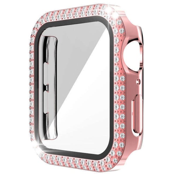Apple Watch Series 9 8 7 45 mm klokkeveske Rhinestone Galvaniseringsklokkedeksel med herdet glassfilm - Rosa