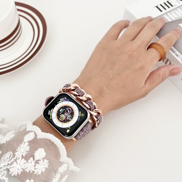 Apple Watch Series 41 mm - 40 mm - 38 mm Universalklokkearmbånd i denim, lær og sinkmetall - Babyblå