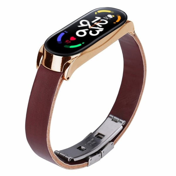 Xiaomi Mi Band 7 / Band 7 NFC Beads Urrem med urkasse og skærmbeskytter af hærdet glas - Mørkebrun Strop / Ramme I Rosaguld