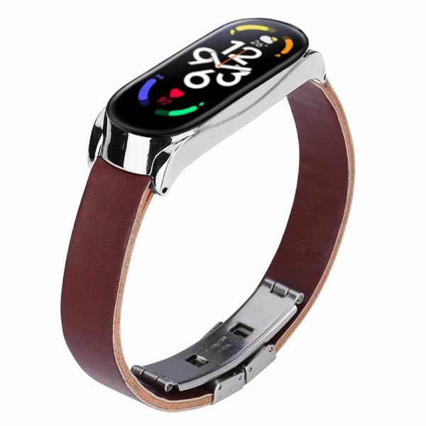 Xiaomi Mi Band 7 / Band 7 NFC Beads klokkerem med klokkeveske og skjermbeskytter i herdet glass - Mørkebrun Stropp / Silver Me