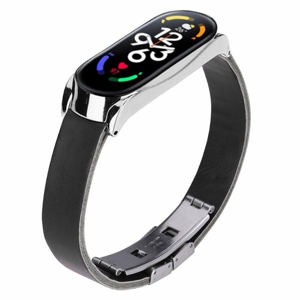 Xiaomi Mi Band 7 / Band 7 NFC Beads klokkerem med klokkeveske og skjermbeskytter i herdet glass - Svart Stropp / Sølv Ramme