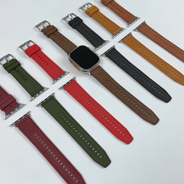 Apple Watch 49 mm / 45 mm / 44 mm / 42 mm lær- og silikonarmbånd - Solbrun