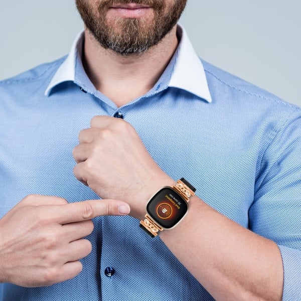 Fitbit Versa 4 / Sense 2 Glat ægte okselæder Rhinestone urrem - Sort