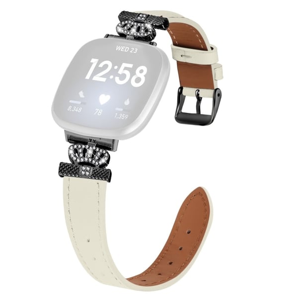 Fitbit Versa 4 / Sense 2 Genuine Cow Leather Crown Rhinestone Decor Watch Strap - Aprikos