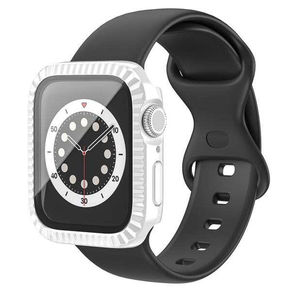 Apple Watch Series 4 / 5 / 6 / SE / SE (2022) / SE (2023) 44 mm klokkeveske med strukturert støtsikkert deksel med herdet glassfilm - Hvit