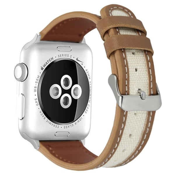 Apple Watch 49mm / 45mm / 44mm / 42mm Cow Leather and Fabric Watchband - Lysebrun / Hvid Apple Watch 49mm / 45mm / 44mm / 42mm Cow Leather and Fabric Watchband - Lysebrun / Hvid