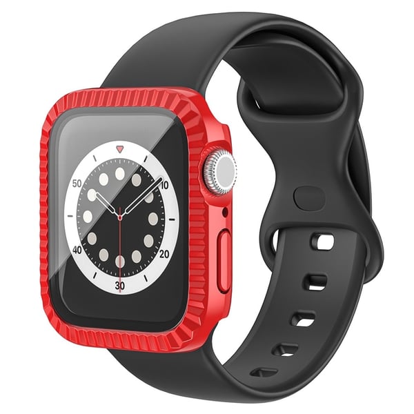 Apple Watch Series 4 / 5 / 6 / SE / SE (2022) / SE (2023) 44 mm klokkeveske med strukturert støtsikkert deksel med herdet glassfilm - Rød