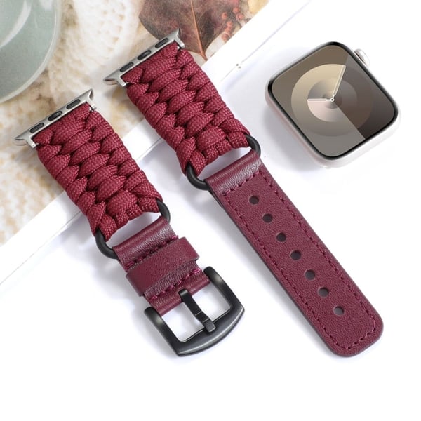 Apple Watch Series 41mm / 40mm / 38mm Flettet tau og ekte kuskinnrem - Vinrød