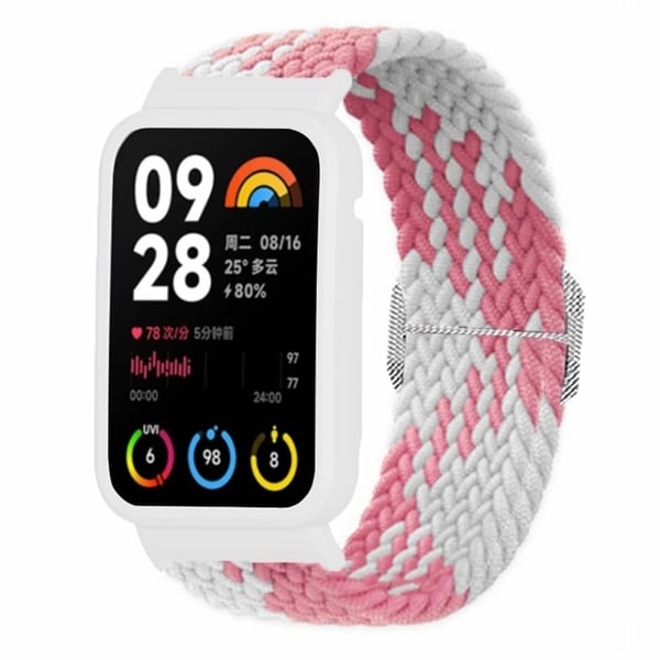 Xiaomi Smart Band 8 Pro Klokkebånd Flettet nylonrem med klokkeveske - Rosa Hvit + Hvitt Skall