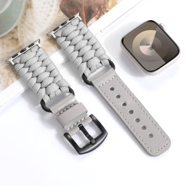 Apple Watch Series 41mm / 40mm / 38mm Flettet tau og ekte kuskinnrem - Grå