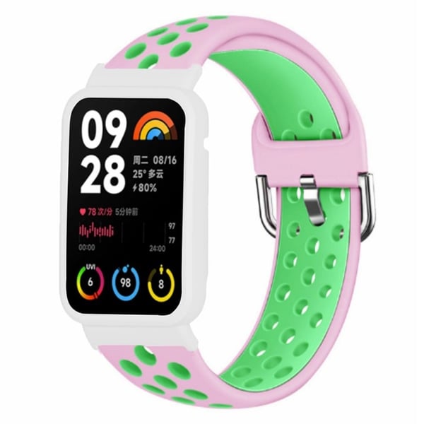 Xiaomi Smart Band 8 Pro Silikonklokkebånd Erstatningsarmbånd med klokkeveske - Rosa + Grønn
