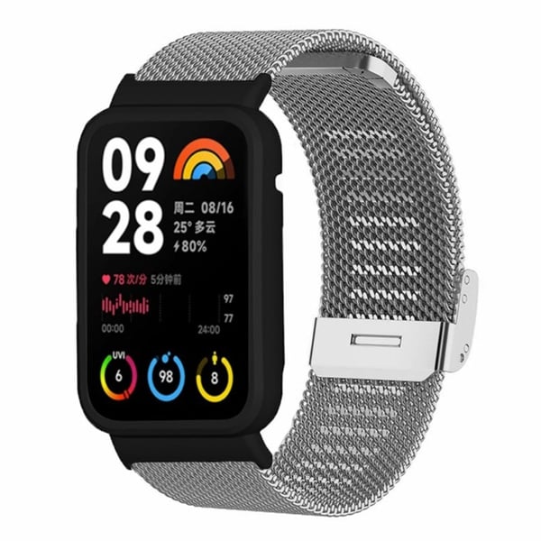 Xiaomi Smart Band 8 Pro metallbånd Milanese-klokkerem med svart klokkeveske - Sølv