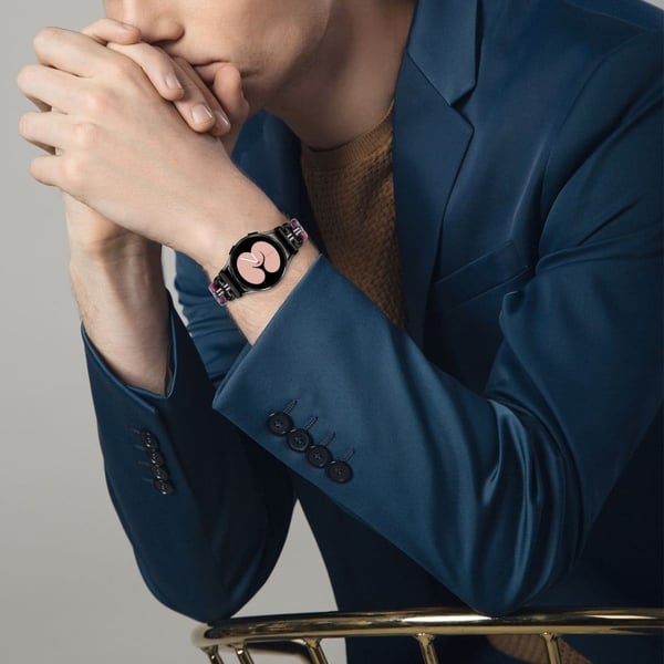 Samsung Galaxy Watch6 20 mm erstatningsarmbånd i harpiks og rustfritt stål - Svart/Lilla + Grønt Mønster