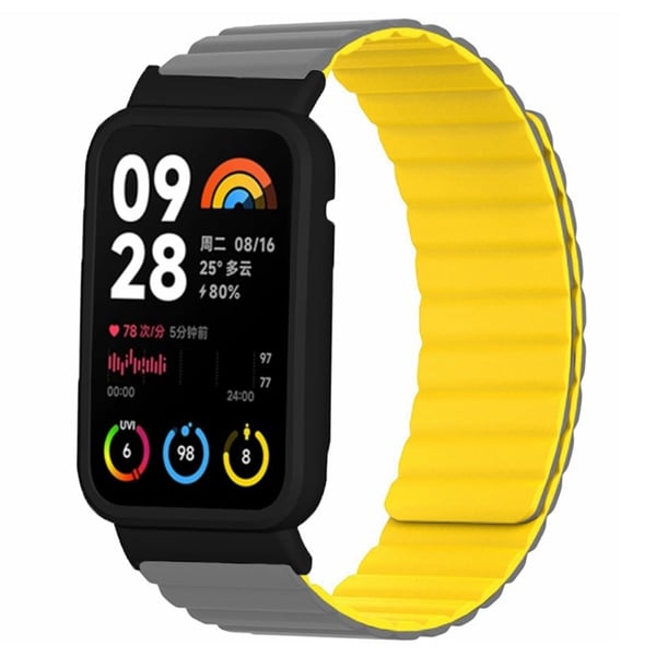 Xiaomi Smart Band 8 Pro Silikonklokkebånd Magnetisk klokkearmbånd med svart klokkeveske - Grå + Gul