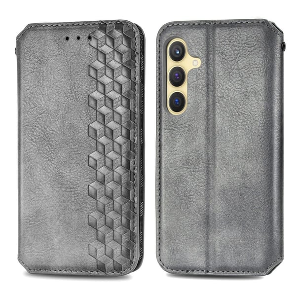 Läder Samsung Galaxy S24 Plus fodral med romb-design - Grå Läder Samsung Galaxy S24 Plus fodral med romb-design - Grå
