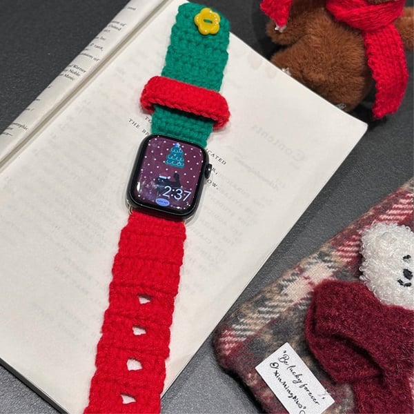 Apple Watch Series 49mm - 45mm - 44mm - 42mm Universal Strikkearmbånd - Rød + Grønn