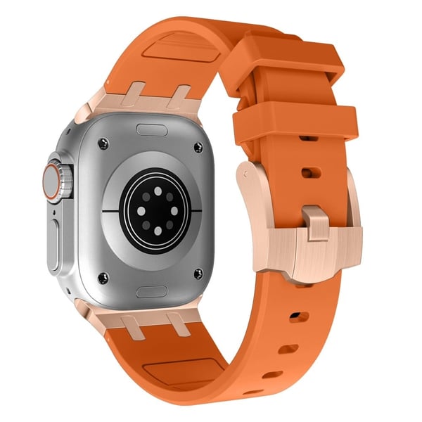 Apple Watch Series 49mm - 45mm - 44mm - 42mm Universal Liquid Silicone Watch Band - Rose Gull + Oransje
