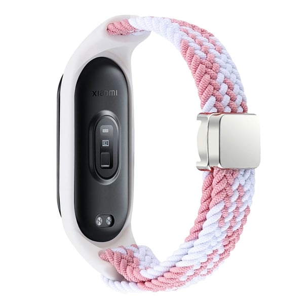 Xiaomi Mi Band 3 / 4 / 5 / 6 / 7 Flettet nylonrem magnetisk klokkebånd - Rosa / Hvit