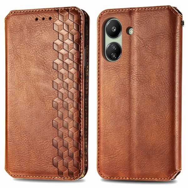 Skinn-etui med stilfult rombeavtrykk for Xiaomi Redmi 13C / Xiaomi Poco C65 - Brun