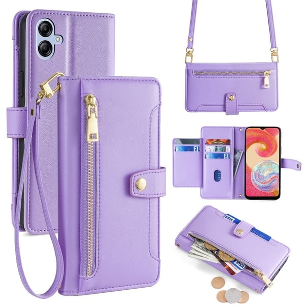 Samsung Galaxy A04e / Samsung Galaxy F04 / Samsung Galaxy M04 vegansk lommebokveske i skinn med glidelås - Lilla