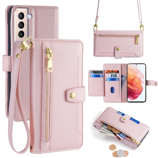 Samsung Galaxy S21 vegansk lommebokveske i skinn med glidelås - Rosa Samsung Galaxy S21 vegansk lommebokveske i skinn med glidelås - Rosa