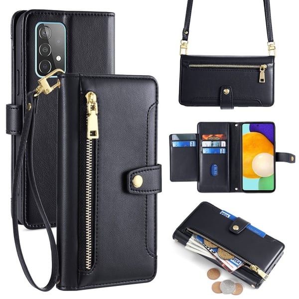 Samsung Galaxy A52 5G / Samsung Galaxy A52s 5G / Samsung Galaxy A52 vegansk lommebokveske i skinn med glidelås - Svart