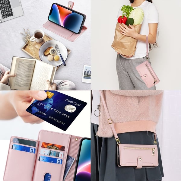 iPhone Xs / iPhone X vegansk lommebokveske i skinn med glidelås - Rosa