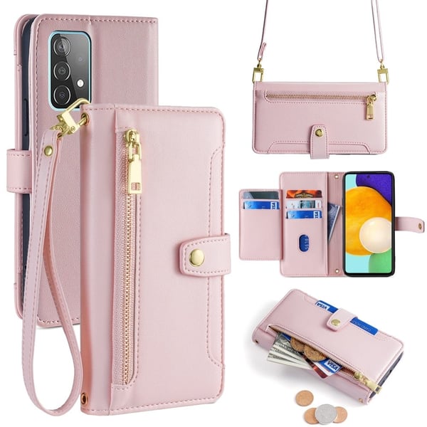 Samsung Galaxy A52 5G / Samsung Galaxy A52s 5G / Samsung Galaxy A52 vegansk lommebokveske i skinn med glidelås - Rosa